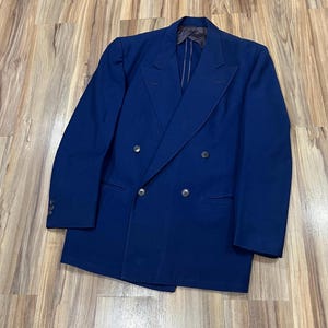Vintage 40s Double Breasted Striped Wool Suit Coat Jacket Navy