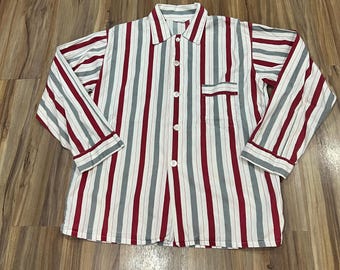 Medium Vintage 60s Striped Cotton Pajama Shirt Button Up USA Made Red/ White