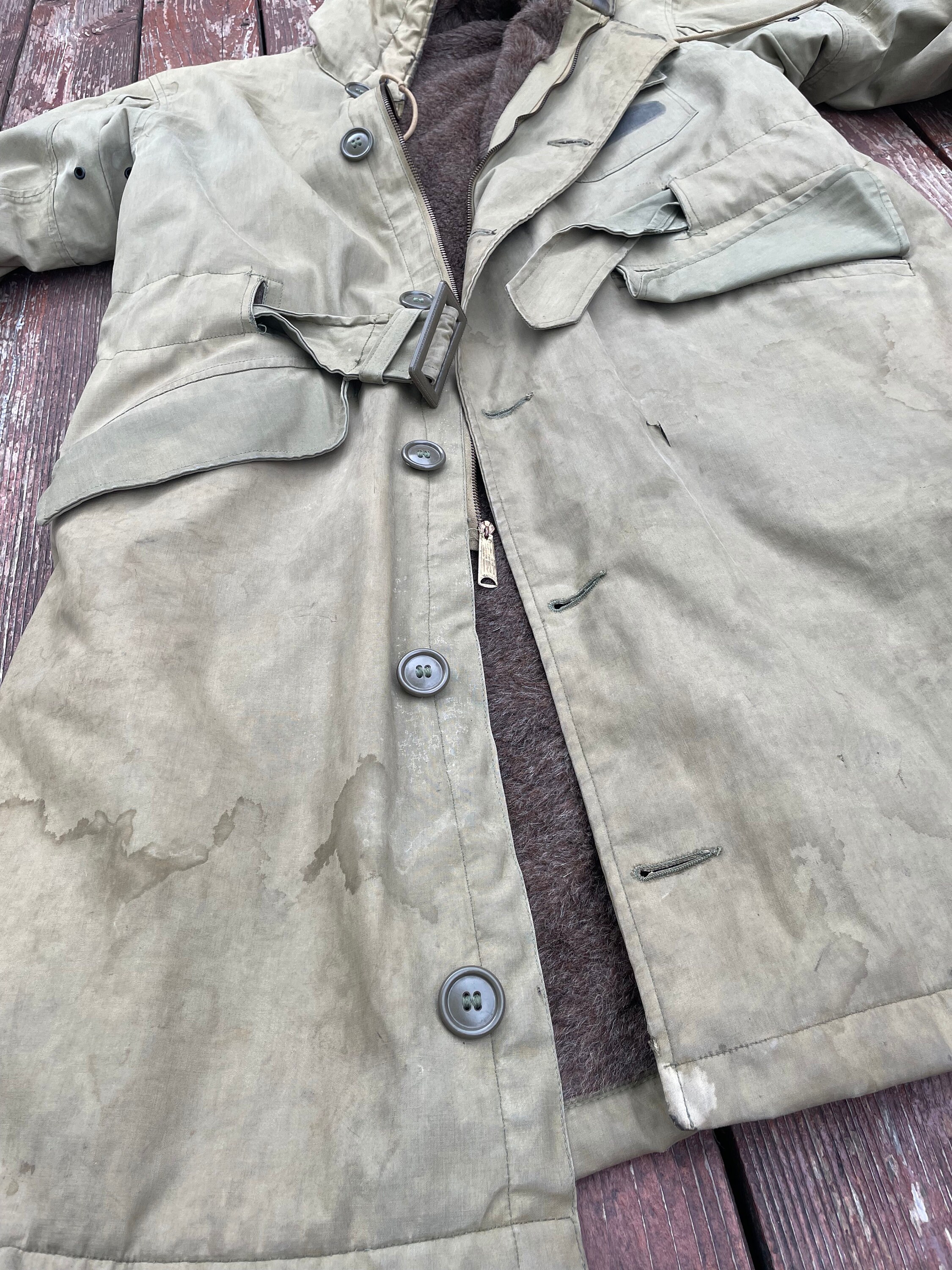 XL Vintage 50s Deck Parka Torpedo Jacket Long Overcoat Faded Green