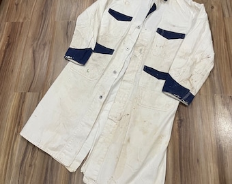 Sz 42 Vintage 40s Go-Pfor Shop Coat Two Tone Cotton Canvas Work Wear White/ Blue USA Made Distressed