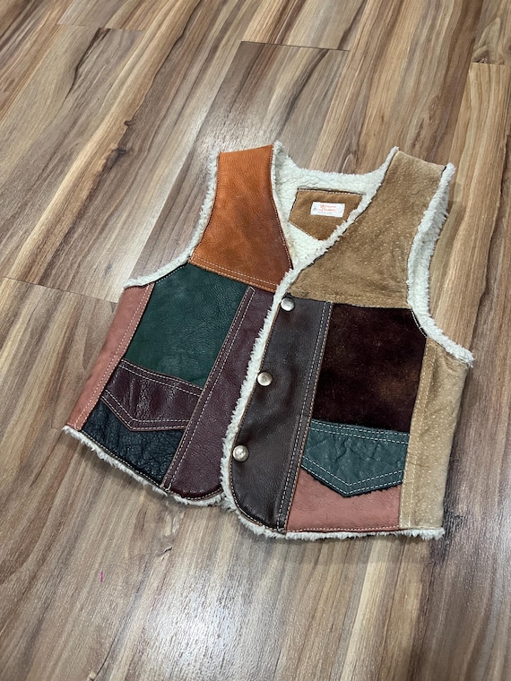 Vintage 70s Kids Leather Patchwork Shearling Line… - image 1