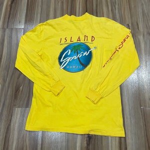 Small Vintage 80s Hi Cru Island Snow Hawaii Shaved Ice Long Sleeve T Shirt in Yellow USA Made