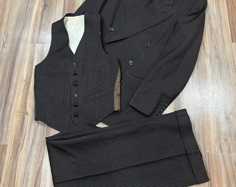 Vintage 40s Double Breasted Wool Suit 3 Piece Set JC Penney Co Brown ...