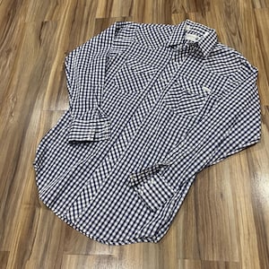 Medium Tall Vintage 70s Sears Roebucks Gingham Check Blue Plaid Rodeo Western Pearl Snap Button Up Cowboy Shirt
