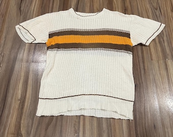 Small Vintage 40s 50s Waffle Knit Cotton T Shirt Striped