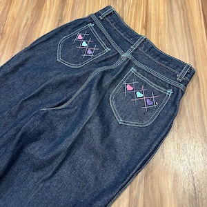 25x29 Vintage 80s Hearts Embroidered Dark Wash Straight Leg Denim Jeans Pants Women&#39;s Pink Baby Blue