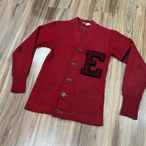 XS Vintage 40s Repaired Wool Varsity Cardigan Sweater Dark Red Button Up USA Made