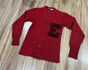 XS Vintage 40s Repaired Wool Varsity Cardigan Sweater Dark Red Button Up USA Made