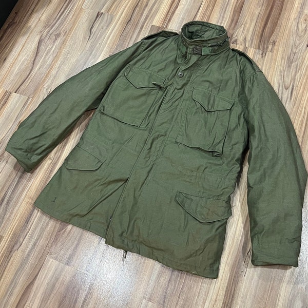 Small Regular Vintage 80s M-65 Cotton Olive Green OG-107 US Military Field Jacket with Liner 1984