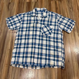 Small Vintage 50s Lightweight Cotton Plaid Open Loop Collar Shirt USA Made Blue/ White