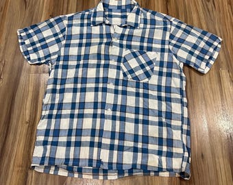 Small Vintage 50s Lightweight Cotton Plaid Open Loop Collar Shirt USA Made Blue/ White