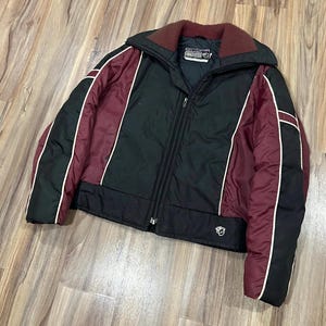 Large Women’s Vintage 70s 80s Arctic Cat Black Maroon Retro Women&#39;s Ski Snowmobiling Jacket Coat Zip Up