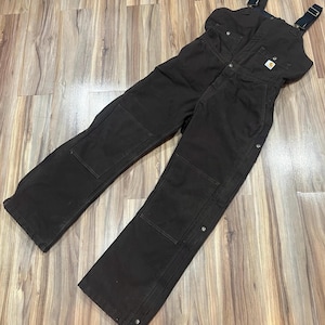 Vintage Women’s Carhartt Double Knee Duck Canvas Overalls Work Wear Dark Brown USA Made Detroit Distressed Size 10x30
