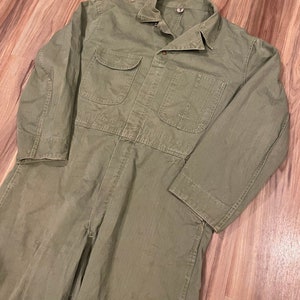 Large Vintage 50s HBT Work Wear Coveralls Faded Cotton Olive Green Drab USA Made
