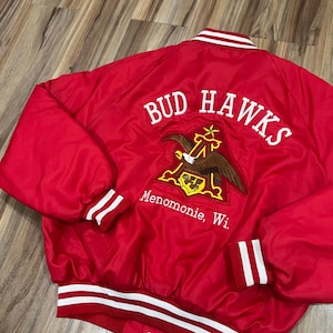 Large Vintage Red Budweiser Beer Nylon Windbreaker Button Up Jacket Bud Hawks