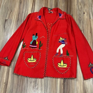 Small Vintage 50s 60s Lopez Mexican Souvenir Tourist Wool Hand Embroidered Jacket Bright Red