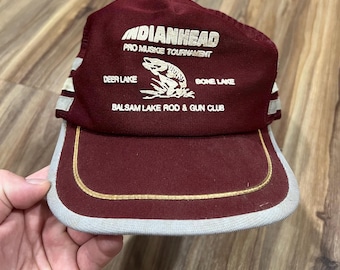 Vintage 1980s Fishing Tournament 3 Stripe Hat Graphic Mesh Back Red Maroon Trucker Cap Hat