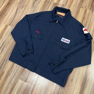 XL Vintage 60s Mobil Oil 2 Pocket Work Jacket Gas Station Service Attendant Blue Gas USA Made