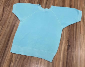 Small Vintage 60s Cotton Short Sleeve Sweatshirt Baby Blue Color USA Made