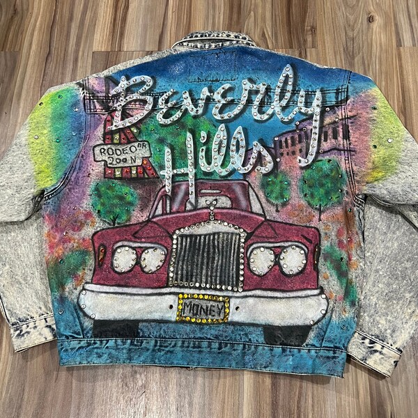 Small Vintage 80s 90s Jordache Beverly Hills Air Brush Hand Painted Bedazzled Acid Wash Denim Jean Jacket USA Made Tony Alamo Style