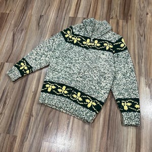 XS Vintage 50s Cowichan Hand Knit Wool Winter Sweater Cardigan w/ Lightning ZipperGreen Canadian Beautiful