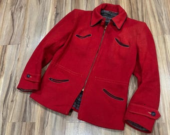 Small/ Medium Vintage Women's 30s Red Wool Ski Jacket w/ Talon Zipper, Plaid Cotton Flannel Lining USA Made