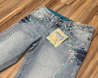 Pantalones vaqueros vintage Y2K de tiro bajo, acampanados y desgastados, con efecto desgastado, brillantes, de lavado azul claro, para mujer, tallas 1-11, stock remanente con etiquetas.