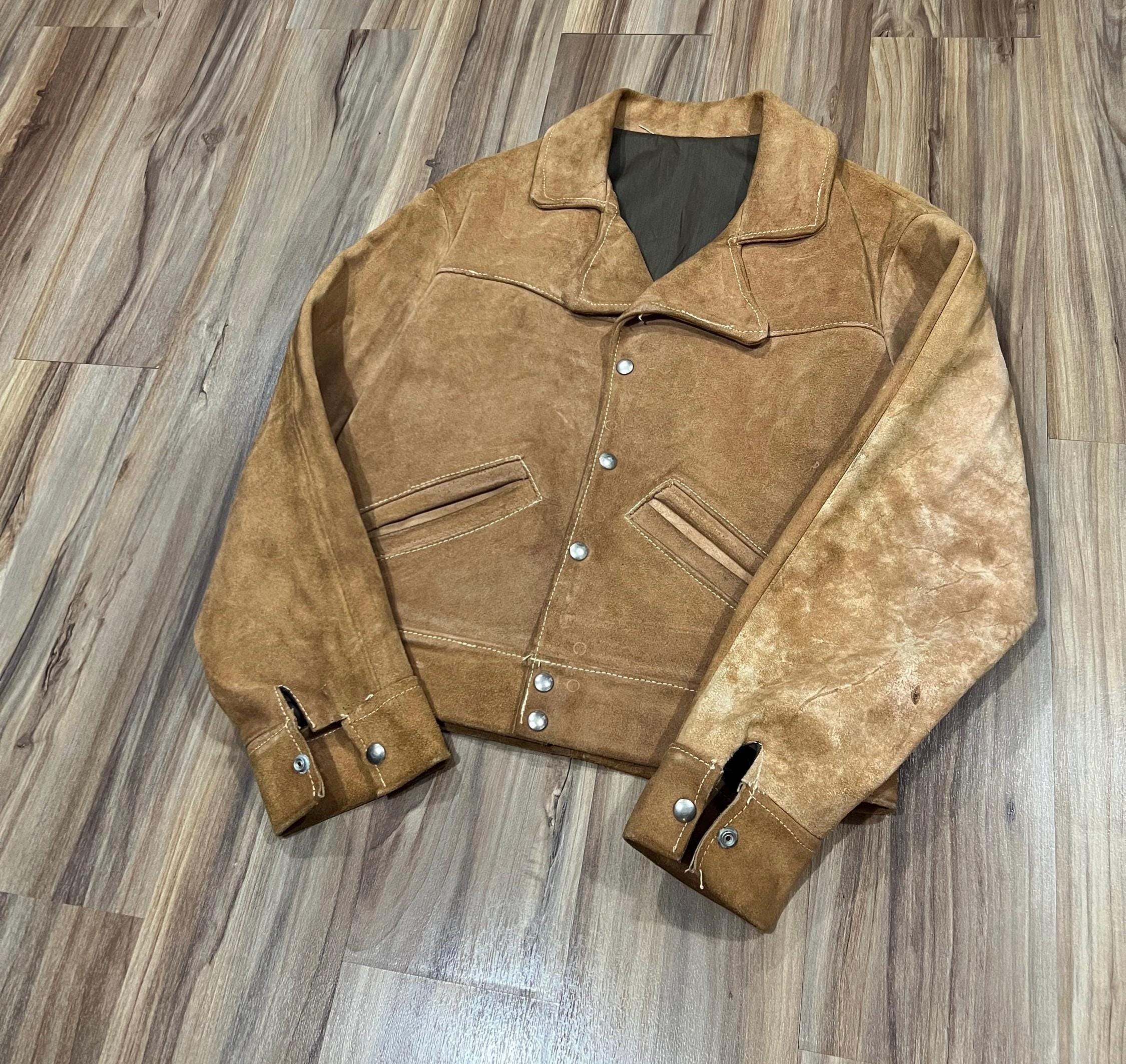 Large Vintage 60s 70s Western Suede Rough Out Leather Trucker