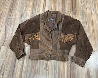 Medium Ladies Vintage 80s Fringe Leather Cropped Western Style Jacket Button Up