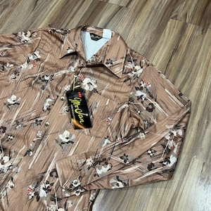Large Vintage 70s Mr. Jan California Polyester Picture Floral Graphic Disco Style Shirt Deadstock New w/ Tags