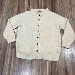 Medium Vintage 80s Wool Cable Knit Irish Sweater Cardigan Button Up Cream Off White