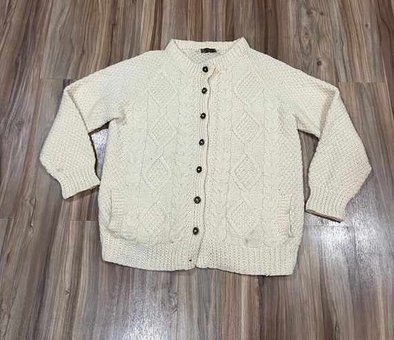 Medium Vintage 80s Wool Cable Knit Irish Sweater Cardigan Button Up Cream Off White