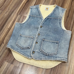 Kleine Vintage 70er 80er Jahre Carhartt Sherpa Lined Work Weste Light Wash Denim Blue USA Made