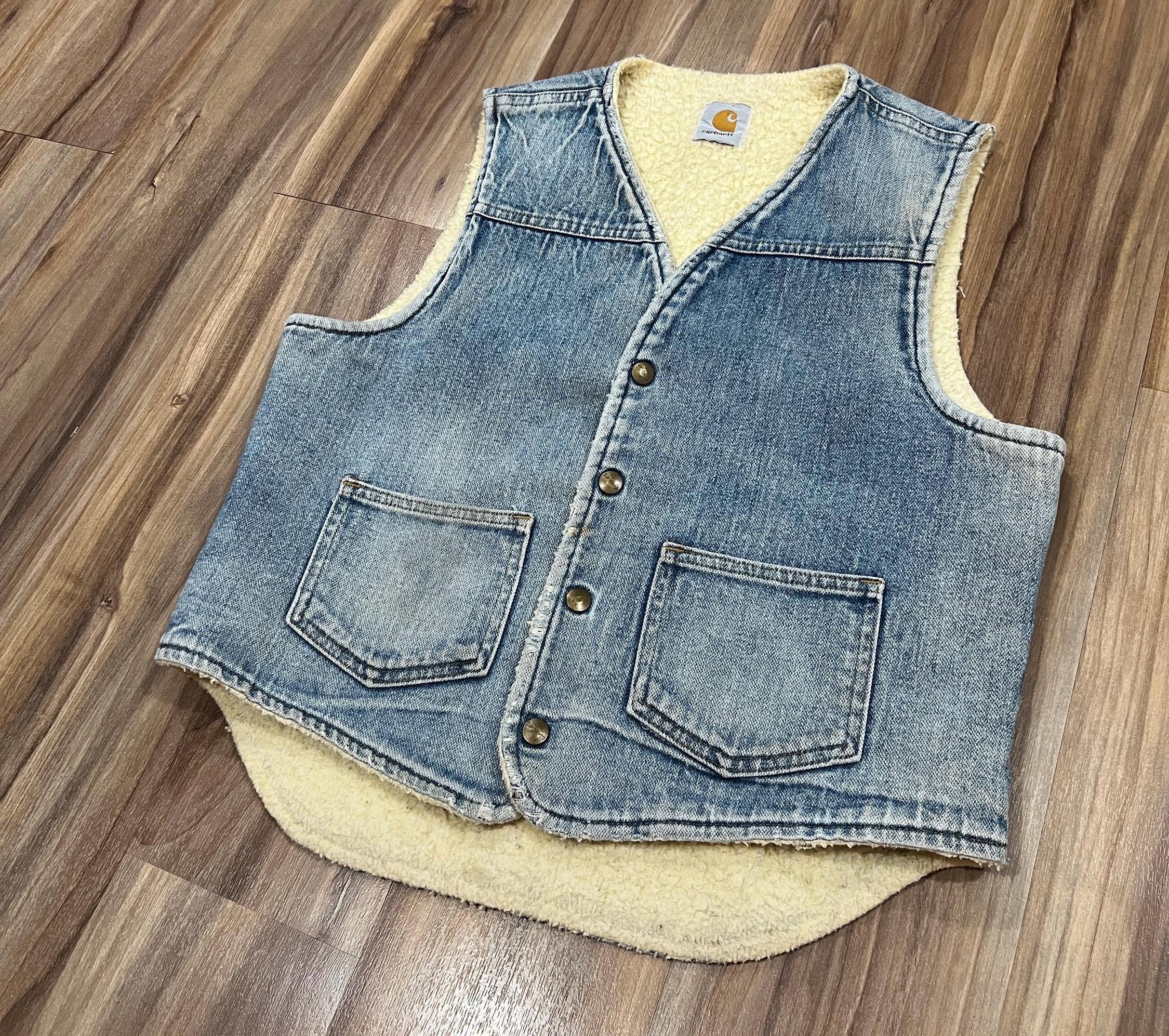 Small Vintage 70s 80s Carhartt Sherpa Lined Work Vest Light Wash 