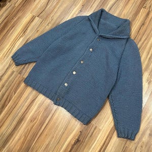 Large Vintage 60s 70s Cowichan Hand Knit Wool Winter Sweater Cardigan Button Up Blue Minnesota Canada