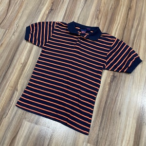 Small Vintage 80s Navy Blue Yellow Red Striped Polo Shirt 50/50