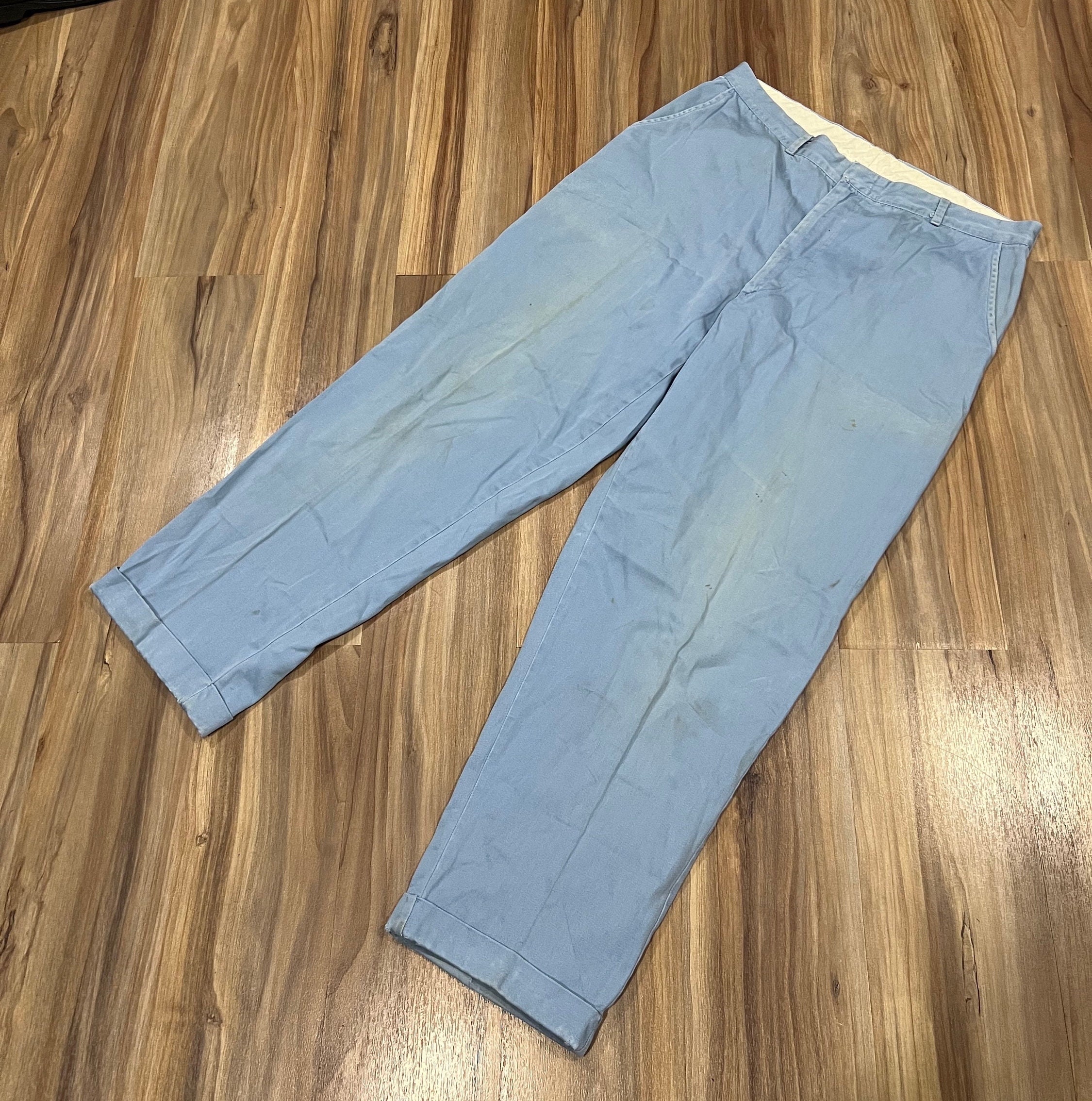 32x28 Vintage 50s 60s Light Baby Blue Trousers Pants All