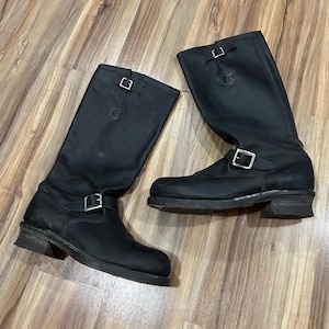 Size 12D Vintage 70s 80s Chippewa Engineer Steel Toed Work Motorcycle Trooper Boots Men’s Black Leather Roller Buckles USA MADE