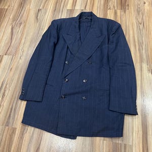 Vintage 40s Double Breasted Striped Wool Suit Coat Jacket Navy Blue Max Baer Pendleton Oregon 30s Pinstripe