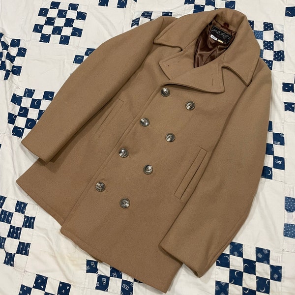 Sz 36 Vintage 60s Double Breasted Beige Wool Button Up Pea Coat Khaki Brown USA Made by Alumni Shop