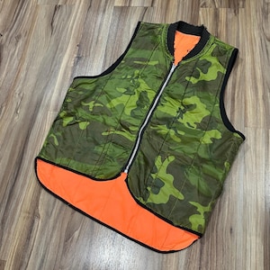 Large Vintage 70s Camo Camouflage Thermal Reversible Orange Lined Hunting Vest USA Made