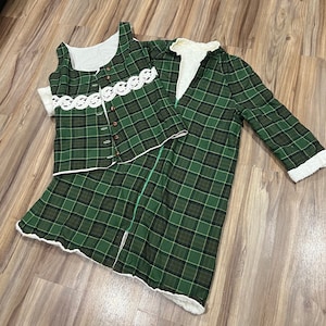 XS Vintage 60s Two Piece Plaid Green Terry Cloth Lined Beach Dress and Jacket Top USA Made