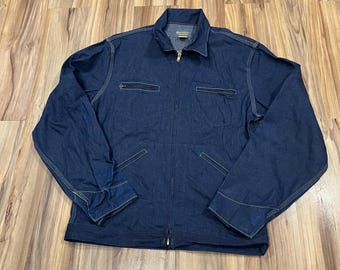 Duża, zabytkowa kurtka robocza Oshkosh Denim Mechanic z lat 70., zapinana na suwak z tyłu (długość 42), wyprodukowana w USA