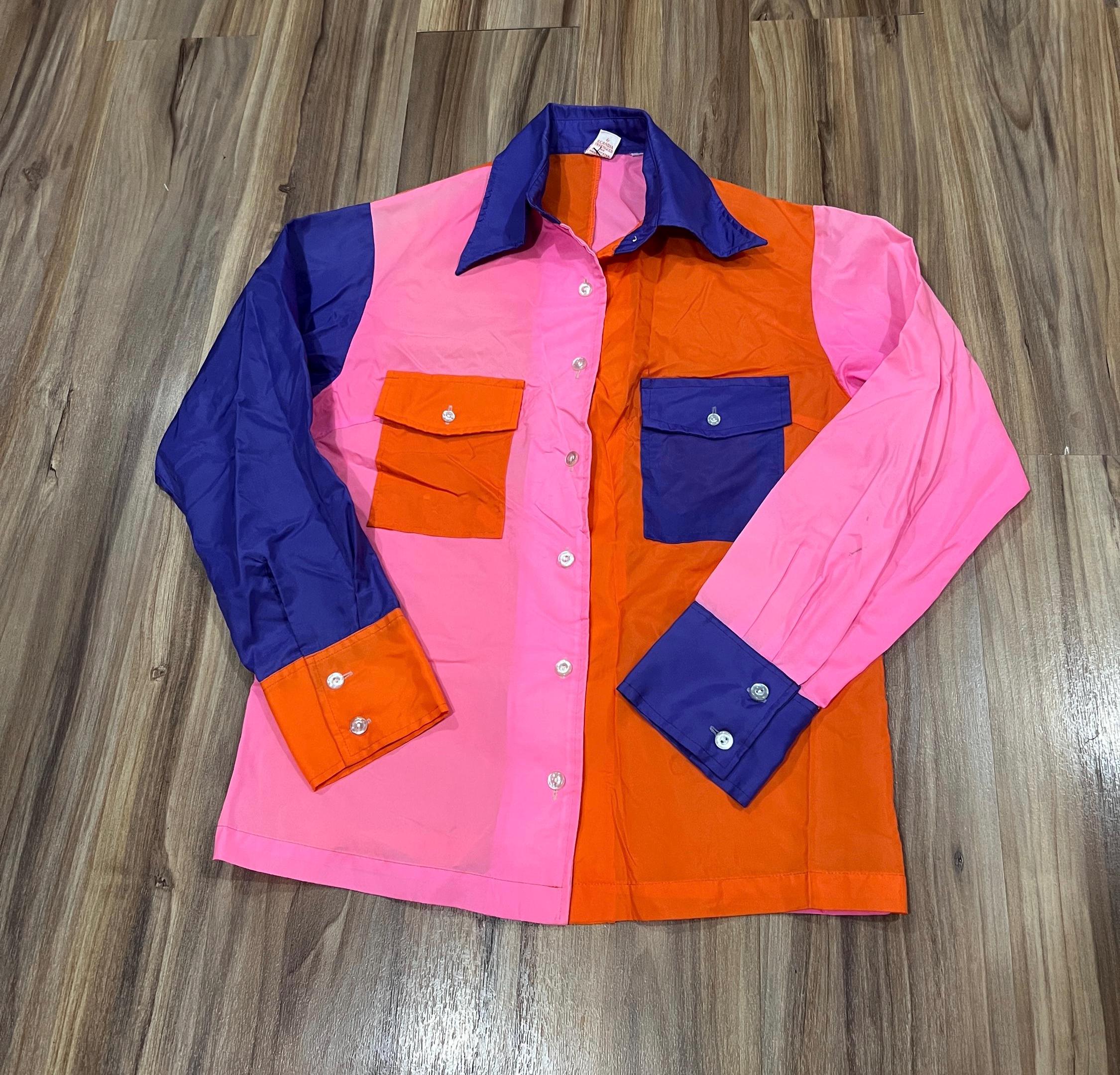 Small Vintage 60s 70s Nylon Acetate Color Block Button up Shirt