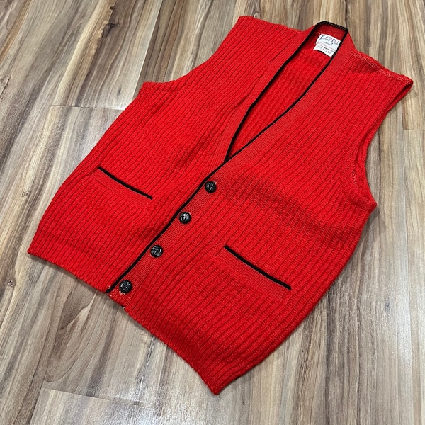 Small Vintage 50s 60s Shetland Wool Knit Red Button Up Vest Kieffer Club