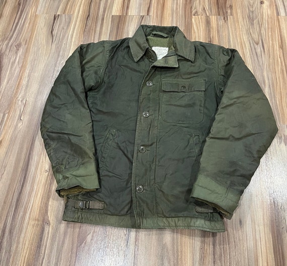 XS Vintage 80s Waxed Canvas A-2 Cold Weather Permeable Type 1 Deck Jacket  US Military OG-107 Olive Green 