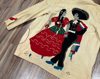 Small Vintage 50s Mexican Souvenir Wool Hand Embroidered Jacket Off White Cream