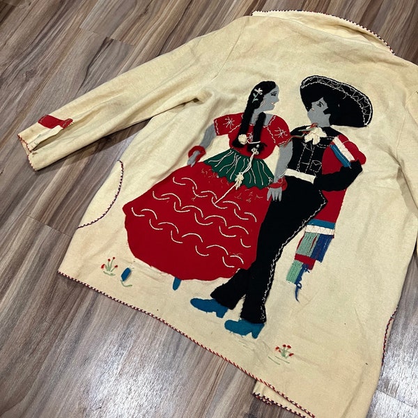 Kleine Vintage 50er Jahre mexikanische Souvenir Wolle Handbestickte Jacke, cremeweiß