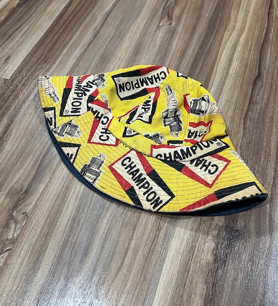 Vintage 70s Champion Spark Plugs Bucket Hat Cap All Over Print Sz