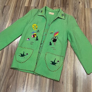 XS Vintage 50s Mexican Souvenir Tourist Wool Hand Embroidered Jacket Mint Green Southwestern